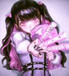  1girl absurdres bangs black_hair black_nails bow glowing hair_bow hatena_(nazequestion) highres long_hair long_sleeves looking_at_viewer multicolored_hair original pink_bow pink_eyes pink_hair shadow shirt solo spikes two-tone_hair upper_body white_shirt 