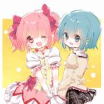  2girls :d ;d arms_at_sides black_skirt blue_eyes blue_hair bubble_skirt choker collarbone eyebrows_visible_through_hair flat_chest frilled_skirt frilled_sleeves frills gloves hair_ornament hair_ribbon hairclip happy high_collar holding_hands juliet_sleeves kaname_madoka long_sleeves looking_at_viewer looking_back mahou_shoujo_madoka_magica miki_sayaka multiple_girls no_nose one_eye_closed open_mouth orange_background pink_hair pink_ribbon plaid plaid_skirt pleated_skirt puffy_short_sleeves puffy_sleeves ribbon shiny shiny_hair short_hair short_sleeves simple_background skirt smile soul_gem star_(symbol) starry_background tareme twintails upper_body v_arms white_gloves white_skirt xixizi_kiko 