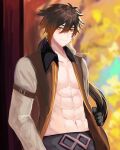  1boy abs bangs black_gloves black_hair blue_sela blurry blurry_background brown_hair closed_mouth collarbone collared_jacket earrings genshin_impact gloves hair_between_eyes highres holding holding_clothes holding_jacket jacket jewelry long_hair long_sleeves looking_at_viewer male_focus midriff multicolored_hair navel open_clothes open_jacket pectorals ponytail single_earring smile solo tassel tassel_earrings toned toned_male tree yellow_eyes zhongli_(genshin_impact) 