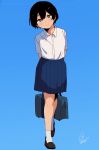  1girl arms_behind_back black_footwear black_hair blue_background blue_skirt blush collared_shirt full_body highres looking_at_viewer original pleated_skirt ruu_wan_mm shirt shirt_tucked_in shoes short_hair short_sleeves signature simple_background skirt smile socks solo standing white_legwear white_shirt 