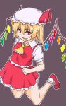  1girl ascot bangs blonde_hair breasts collared_shirt crystal eyebrows_visible_through_hair flandre_scarlet frilled_ascot frilled_shirt_collar frilled_skirt frills full_body grey_background hair_between_eyes hat hat_ribbon highres kakone legs_up looking_at_viewer medium_hair mob_cap open_mouth puffy_short_sleeves puffy_sleeves rainbow_order red_eyes red_footwear red_ribbon red_skirt red_vest ribbon shirt short_sleeves side_ponytail simple_background skirt skirt_set small_breasts smile solo touhou vest white_headwear white_legwear white_shirt wings yellow_neckwear 