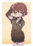  1girl adjusting_hair alisa_(girls_und_panzer) alternate_hairstyle arm_up bangs black_shorts border brown_eyes brown_hair brown_jacket commentary cowboy_shot emblem freckles girls_und_panzer hair_down hair_ornament hair_ornament_removed hair_tie_in_mouth hand_in_hair highres holding_hair_ornament jacket long_sleeves looking_at_viewer military military_uniform mouth_hold orange_background outside_border saunders_military_uniform short_hair short_shorts shorts solo standing star_(symbol) star_hair_ornament tama_launcher uniform white_border 
