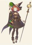  1girl arm_up cape dress full_body hand_on_headwear hat highres holding holding_staff medium_hair moryo orange_hair original shoes simple_background solo staff standing tan_background witch witch_hat 