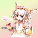  1girl adapted_costume alternate_costume animal_ears apron blonde_hair blush bow bowtie cake collar commentary_request cowboy_shot dress enmaided eyebrows_visible_through_hair fennec_(kemono_friends) food fox_ears fox_girl fox_tail frilled_apron frilled_collar frills hair_bow happy_birthday heart high_collar iiwake kemono_friends looking_at_viewer maid maid_headdress multicolored_hair pink_bow pink_dress pink_headwear puffy_short_sleeves puffy_sleeves red_eyes short_hair short_sleeves solo tail tray waving white_hair yellow_apron yellow_neckwear 