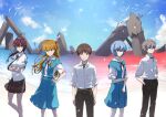  2boys 3girls absurdres ayanami_rei belt black_neckwear black_pants blue_eyes blue_hair blue_hairband blue_skirt blue_sky brown_eyes brown_hair closed_mouth collared_shirt crossed_arms day dress_shirt floating_hair glasses grey_skirt hairband hand_on_hip hands_in_pocket headgear highres ikari_shinji kikuwata long_hair looking_at_viewer makinami_mari_illustrious medium_skirt miniskirt multiple_boys multiple_girls nagisa_kaworu neck_ribbon necktie neon_genesis_evangelion outdoors pants plaid plaid_skirt pleated_skirt ponytail red-framed_eyewear red_eyes red_ribbon ribbon sailor_collar sailor_shirt school_uniform shiny shiny_hair shirt shore short_hair silver_hair skirt sky smile souryuu_asuka_langley spiky_hair standing white_sailor_collar white_shirt wing_collar 