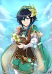  1boy androgynous arnoldtan93 bangs black_hair blue_hair blurry blurry_foreground braid cape clouds cloudy_sky day feathers flower frilled_sleeves frills genshin_impact gradient_hair green_eyes green_flower green_headwear hat hat_flower highres holding holding_instrument instrument leaf long_sleeves looking_at_viewer lyre male_focus multicolored_hair open_mouth outdoors shorts sky smile solo twin_braids venti_(genshin_impact) vision_(genshin_impact) 