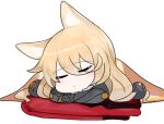  1girl :o animal_ears bangs blanket blush chibi closed_eyes dokomon eyebrows_visible_through_hair facing_viewer g41_(girls_frontline) girls_frontline hair_between_eyes hair_ornament highres long_hair parted_lips simple_background sleeping solo white_background 