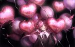  1girl absurdres balloon black_background bow bullet commentary_request fangs hair_bow hatena_(nazequestion) heart_balloon highres long_hair looking_at_viewer original pink_eyes pink_hair pink_theme solo upper_body white_bow 