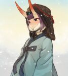  1girl bangs blunt_bangs blush closed_mouth clothing_request commentary_request fate/grand_order fate_(series) hanbok hat highres horns korean_clothes korean_commentary looking_down oni oni_horns purple_hair short_hair shuten_douji_(fate) snow solo sookmo standing violet_eyes 