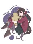  1girl bangs black_hair black_skirt blunt_bangs commentary_request dangan_ronpa_(series) dangan_ronpa_v3:_killing_harmony from_above full_body hair_ornament hair_scrunchie happy_birthday harukawa_maki heart highres hug long_hair looking_at_viewer low_twintails lying miniskirt mole mole_under_eye on_side open_mouth pillow pillow_hug plaid plaid_skirt pleated_skirt red_eyes red_legwear red_scrunchie red_shirt school_uniform scrunchie serafuku shirt shoes skirt solo space_print starry_sky_print thigh-highs twintails v-shaped_eyebrows very_long_hair white_background yoshi_taka_(y_04taka) 