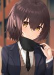  1girl bangs black_jacket black_neckwear blazer blush brown_eyes brown_hair commentary_request eyebrows_visible_through_hair gahara hair_between_eyes jacket long_sleeves looking_at_viewer mask mask_around_neck mole mole_under_eye mouth_mask necktie open_clothes open_jacket original parted_lips portrait school_uniform short_hair signature smile solo 