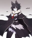  1girl animal_ears bat bat_ears bat_girl black_cape black_capelet black_hair black_theme blush breasts cape capelet expressionless fang fang_out fur_trim highres looking_at_viewer monster_girl original pale_skin red_eyes solo standing symbol_commentary thigh-highs yonaga 