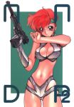  1girl cover cover_page cowboy_shot dirty_pair gloves gun headband highres holding holding_gun holding_weapon kei_(dirty_pair) looking_at_viewer navel red_eyes redhead scan shimizu_kiyoshi short_hair single_glove smile solo weapon 