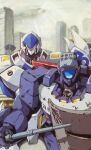  1980s_(style) baton blue_eyes city highres holding holding_shield kidou_keisatsu_patlabor looking_ahead marble-v mecha mecha_request no_humans one-eyed police retro_artstyle science_fiction shield visor 