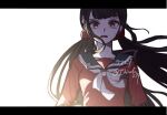  1girl bangs black_hair blunt_bangs collarbone commentary_request dangan_ronpa_(series) dangan_ronpa_v3:_killing_harmony floating_hair hair_ornament hair_scrunchie hairclip harukawa_maki letterboxed long_hair long_sleeves looking_at_viewer low_twintails mole mole_under_eye nana_hiyo open_mouth red_eyes red_scrunchie red_shirt sailor_collar school_uniform scrunchie serafuku shirt solo tears twintails upper_body very_long_hair white_background 