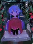  1girl blue_eyes blue_hair book expressionless flower highres holding holding_book leaf long_hair long_sleeves looking_at_viewer original red_flower red_shirt shirt solo table upper_body wbmura 