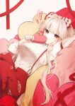  1girl absurdres bangs blunt_bangs bow closed_mouth commentary_request expressionless fujiwara_no_mokou hair_bow heart heart_pillow highres knees_up long_hair looking_at_viewer lying on_back pillow red_bow red_eyes silver_hair simple_background solo somei_ooo touhou very_long_hair white_background 