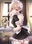  1girl absurdres apron artoria_pendragon_(all) bangs blonde_hair blush breasts commentary_request cowboy_shot eyebrows_visible_through_hair fate/stay_night fate_(series) food frills hair_ribbon highres holding indoors leg_garter long_hair looking_at_viewer looking_back maid maid_headdress nakaji_(user_snap3353) puffy_sleeves ribbon saber_alter short_sleeves solo thigh-highs white_apron white_legwear window wrist_cuffs 