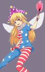  1girl american_flag american_flag_legwear american_flag_shirt bangs blonde_hair breasts clownpiece eyebrows_visible_through_hair fairy_wings feet_out_of_frame frilled_shirt_collar frills grey_background hat highres holding holding_torch jester_cap kakone long_hair neck_ruff open_mouth polka_dot polka_dot_headwear purple_headwear red_eyes shirt short_sleeves simple_background small_breasts smile solo star_(symbol) star_print striped striped_legwear striped_shirt torch touhou wings 