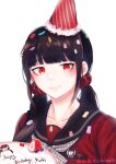 1girl absurdres bangs black_hair black_sailor_collar blunt_bangs cake character_name character_print closed_mouth collarbone commentary_request dangan_ronpa_(series) dangan_ronpa_v3:_killing_harmony dated eyebrows_visible_through_hair food fruit hair_ornament hair_over_shoulder hair_scrunchie happy_birthday harukawa_maki hat highres long_hair looking_at_viewer mole mole_under_eye party_hat red_eyes red_scrunchie red_shirt sailor_collar school_uniform scrunchie shirt simple_background smile solo strawberry twintails twitter_username upper_body white_background zezzubou45 