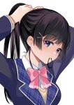  1girl absurdres bangs beige_vest black_hair blazer blue_jacket blunt_bangs bow collared_shirt eyebrows_visible_through_hair hair_tie_in_mouth highres holding holding_hair jacket looking_at_viewer mouth_hold nijisanji pink_bow ponytail school_uniform shirt solo tate_(donnguriumai) tsukino_mito tying_hair vest violet_eyes virtual_youtuber white_background 