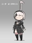  1girl :| black_blindfold black_dress black_hairband blindfold boots chibi cleavage_cutout closed_mouth clothing_cutout dress gradient gradient_background hairband juliet_sleeves long_sleeves nier_(series) nier_automata otamatone puffy_sleeves pun shigatake short_hair solo thigh-highs thigh_boots translated white_hair yorha_no._2_type_b |_| 