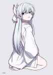  1girl absurdres alternate_costume bow from_side fujiwara_no_mokou hair_bow highres long_hair long_sleeves looking_at_viewer open_mouth red_eyes seiza simple_background sitting solo touhou white_background white_bow white_hair yonoisan 