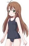  1girl antenna_hair black_swimsuit breasts brown_hair cowboy_shot flat_chest green_eyes highres hippo_(hirople) koshigaya_komari long_hair looking_at_viewer non_non_biyori school_swimsuit simple_background small_breasts solo standing swimsuit white_background 
