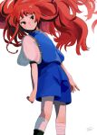  1girl bangs black_eyes blue_shorts dated expressionless feet_out_of_frame floating_hair highres original puffy_short_sleeves puffy_sleeves redhead ruu_wan_mm short_sleeves shorts signature simple_background solo white_background 