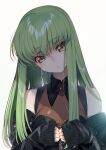  1girl bangs bare_shoulders blush breasts c.c. code_geass creayus earrings eyebrows_visible_through_hair green_hair head_tilt jacket jewelry long_hair off_shoulder simple_background sleeves_past_wrists solo white_background yellow_eyes 
