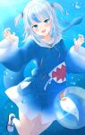  1girl :d absurdres air_bubble animal_costume bangs bloop_(gawr_gura) blue_eyes blue_hair blue_hoodie blunt_bangs blush bubble claw_pose feet_out_of_frame fish_tail freediving gawr_gura hair_ornament highres hololive hololive_english hood hoodie long_sleeves looking_at_viewer medium_hair multicolored_hair open_mouth shark_costume shark_girl shark_hair_ornament shark_tail sharp_teeth shoes silver_hair smile sneakers solo streaked_hair tail teeth tomori_meme two_side_up underwater virtual_youtuber white_footwear wide_sleeves 