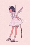  1girl bandaid blue_hair collared_shirt detached_wings dress freckles frilled_dress frills full_body grey_footwear grey_wings holding holding_sword holding_weapon myon_(tokipi) original shirt shoes short_hair signature simple_background smile socks solo standing sword weapon white_background white_dress white_legwear wings 