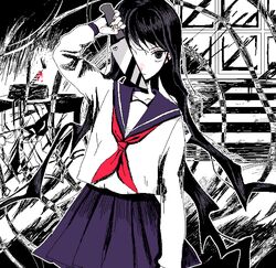  1girl absurdres bangs black_eyes black_hair black_sailor_collar black_skirt candle highres holding holding_knife knife long_hair long_sleeves looking_at_viewer myon_(tokipi) neckerchief one_eye_covered original outline pleated_skirt red_neckwear sailor_collar shirt skirt solo spot_color very_long_hair white_outline white_shirt 