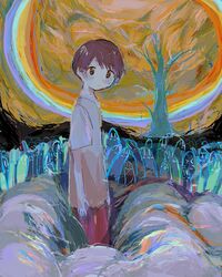  1boy abstract brown_hair cowboy_shot from_side highres looking_at_viewer original rainbow shirt short_hair short_sleeves solo surreal tree wbmura white_shirt 