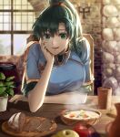  1girl apple bangs barrel bread breasts corn cup delsaber earrings eyebrows_behind_hair fire_emblem fire_emblem:_the_blazing_blade food fruit hand_on_own_cheek hand_on_own_face jewelry looking_at_viewer lyn_(fire_emblem) medium_breasts open_mouth plant ponytail pov_dating shiny sitting smile solo soup 