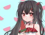  black_hair blue_background collarbone dress emi_suika english_commentary eyebrows_visible_through_hair food food-themed_hair_ornament fruit grey_choker hair_ornament hairclip holding holding_food idol_(vtuber_group) korean_commentary mixed-language_commentary picdung popsicle red_eyes two_side_up virtual_youtuber watermelon watermelon_hair_ornament white_dress 