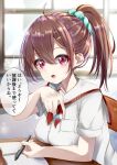  1girl :o absurdres ahoge bangs blurry blurry_background blush book breasts brown_hair eyebrows_visible_through_hair hair_between_eyes hair_ornament hairclip hand_up highres holding holding_pen large_breasts long_hair looking_at_viewer open_mouth original pen ponytail red_eyes school_uniform shirt short_sleeves sitting solo speech_bubble takemura_kou translation_request uniform 