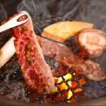  blurry blurry_background cooking derivative_work fire food food_focus grill grilling hokkaido_(artist) meat mushroom no_humans original realistic spring_onion steam still_life tongs yakiniku 