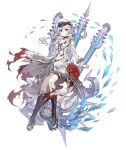  1girl asymmetrical_bangs bangs blood bloody_clothes breasts choker eyebrows_visible_through_hair flower full_body grey_eyes guitar hat instrument ji_no looking_at_viewer navel official_art peaked_cap platform_footwear platform_heels rose see-through short_shorts shorts sinoalice small_breasts snow_white_(sinoalice) solo thigh_strap torn_clothes transparent_background white_hair 