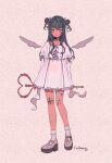  1girl black_hair detached_wings double_bun dress full_body grey_footwear grey_wings heart holding holding_wand long_hair looking_at_viewer myon_(tokipi) original shoes signature simple_background smile socks solo standing wand white_background white_dress white_legwear wings yellow_eyes 