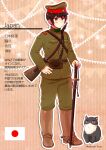  1boy animal axis_powers_hetalia bangs black_hair boots brown_eyes brown_footwear cat character_name closed_mouth green_headwear green_jacket green_pants gun hand_on_hip hat himaruya_hidekazu_(style) holding holding_sword holding_weapon jacket japan_(hetalia) japanese_flag kuro long_sleeves male_focus military military_uniform over_shoulder pants sheath sheathed standing sword translation_request twitter_username uniform weapon weapon_over_shoulder 