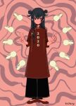  1girl 2020 black_eyes black_hair chinese_zodiac double_bun double_v expressionless full_body long_sleeves looking_at_viewer myon_(tokipi) original red_footwear red_shirt shirt shoes signature solo standing v year_of_the_rat 