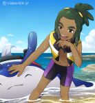  1boy bare_arms bike_shorts clouds commentary_request dark_skin dark_skinned_male day gen_2_pokemon green_hair hand_up hau_(pokemon) knees light_blush male_focus mantine open_mouth outdoors pokemon pokemon_(game) pokemon_usum sewenan sky smile sparkle standing teeth tongue wading water watermark 