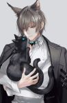  1boy animal_ear_fluff animal_ears arknights black_cat black_jacket blue_eyes brown_hair cat cat_boy cat_ears closed_mouth collar collared_shirt grey_background highres jacket jacket_on_shoulders long_sleeves looking_at_another male_focus multiple_tails oripathy_lesion_(arknights) phantom_(arknights) pottsness shirt simple_background smile tail twitter_username two_tails upper_body white_shirt yellow_eyes 