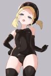  1girl absurdres bangs bare_shoulders black_gloves black_headwear black_legwear blonde_hair blue_eyes blush breasts chocpocalypse elbow_gloves gloves hat highres looking_at_viewer medium_hair original small_breasts smile thigh-highs tongue tongue_out twintails 