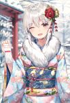  1girl :d ;d absurdres bangs blurry blurry_background blush commentary_request cowboy_shot day depth_of_field floral_print flower flower_knot flower_request fur_trim furisode gyungsin hair_flower hair_ornament highres holding huge_filesize japanese_clothes kimono long_sleeves looking_at_viewer new_year obi one_eye_closed open_mouth original outdoors print_kimono red_eyes red_flower red_ribbon ribbon sash smile snow solo wide_sleeves winter 