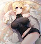  1girl absurdres bandaid bandaid_on_face bed bed_sheet black_shorts blonde_hair blue_eyes breasts granblue_fantasy highres jacket large_breasts long_hair looking_at_viewer lying monika_weisswind on_back on_bed shorts solo tai_(e3d1p) twintails wavy_hair 