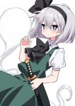  1girl :o absurdres blue_eyes blush bright_pupils commentary_request dutch_angle highres hitodama holding holding_sword holding_weapon katana konpaku_youmu konpaku_youmu_(ghost) looking_at_viewer sheath sheathed silver_hair simple_background solo sword touhou tsukimirin weapon white_background white_pupils 