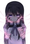  1girl absurdres akemi_homura black_hair black_hairband bleeding blood blood_from_mouth bloody_clothes commentary_request crying crying_with_eyes_open cuts dark glowing hairband hands_on_own_cheeks hands_on_own_face highres injury long_hair long_sleeves magical_girl mahou_shoujo_madoka_magica rairai_(light) shirt simple_background solo string tears upper_body violet_eyes white_background white_shirt 