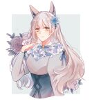  1girl alternate_costume animal_ears artist_name bangs black_skirt breasts commission cropped_torso english_commentary euphemia_chevalier eyebrows_visible_through_hair fox_ears fox_girl grey_flower grey_rose hair_behind_ear hand_on_own_chest high-waist_skirt highres indie_virtual_youtuber juliet_sleeves long_sleeves looking_at_viewer medium_breasts nissu puffy_sleeves second-party_source silver_hair skirt smile solo virtual_youtuber 